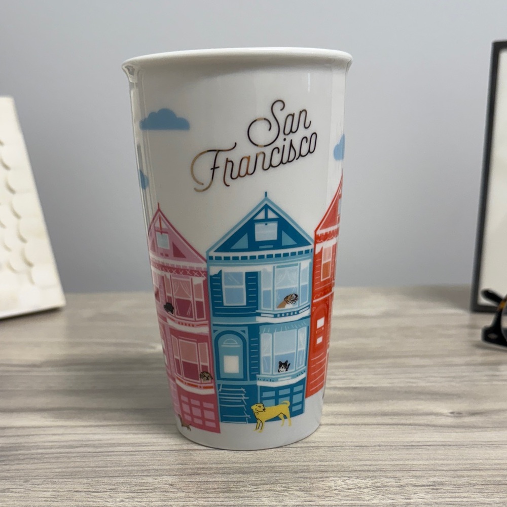 2021 Starbucks San Francisco Painted Houses Dogs 12 oz Ceramic Tumbler Mug w/lid